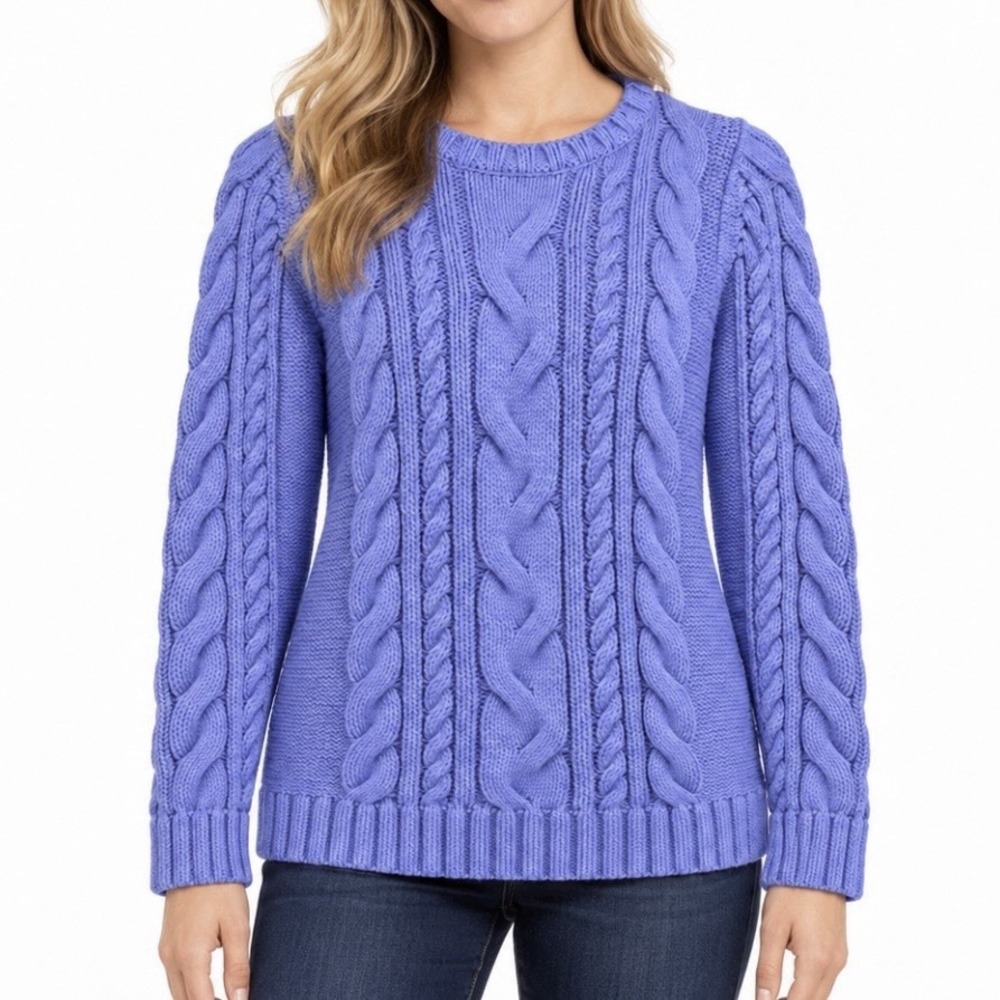 LL Bean Periwinkle Double L Mixed Cable Crew Neck Pullover Cotton Sweater XS